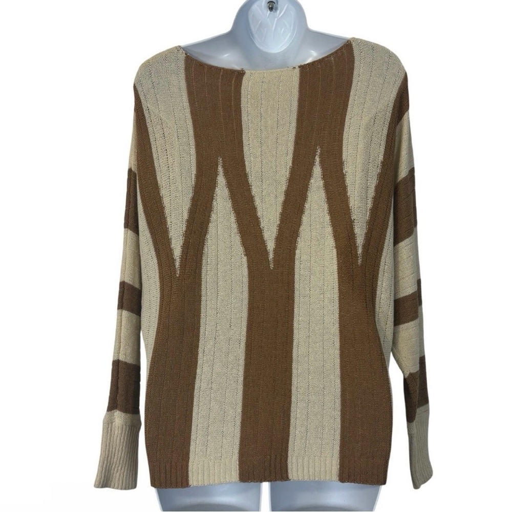 Chico’s Brown & Cream Striped Sweater Dolman Sleeve Oversized Boho Top - Picture 3 of 9